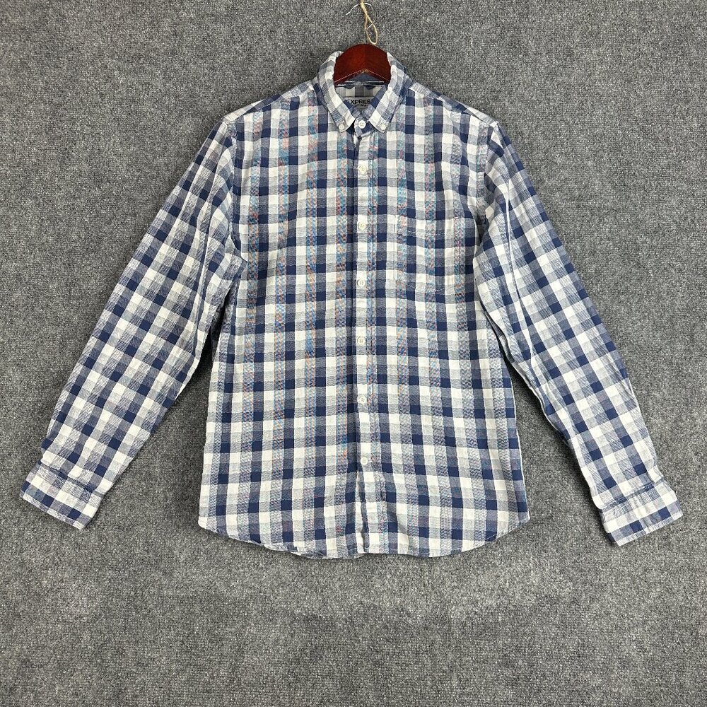 Express Shirt Mens Medium Button Down Soft Wash Blue Check Long Sleeve Pocket